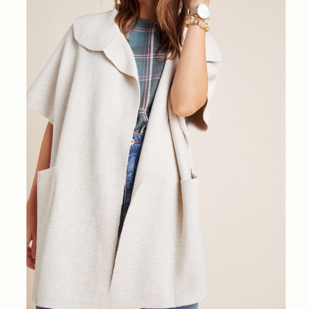 Anthropologie Cream Open-Front Short-Sleeve Cape with Rounded Collar